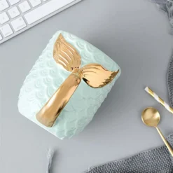 Glazed Ceramic Mermaid Mug 12 Glazed Ceramic Mermaid Mug -Citrusreef Store mermaid tail coffee mug blue gold glaze 2