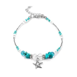 Silver Starfish Anklet With Turquoise Beads