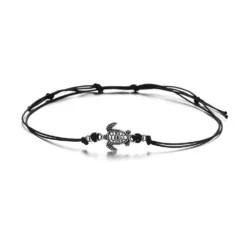 Silver Turtle Anklet On Black Cord