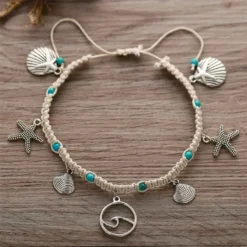 Woven Wave Anklet With Beach Charms -Citrusreef Store silver wave anklet with beach charms 3