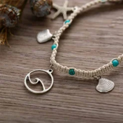 Woven Wave Anklet With Beach Charms -Citrusreef Store silver wave anklet with beach charms 4